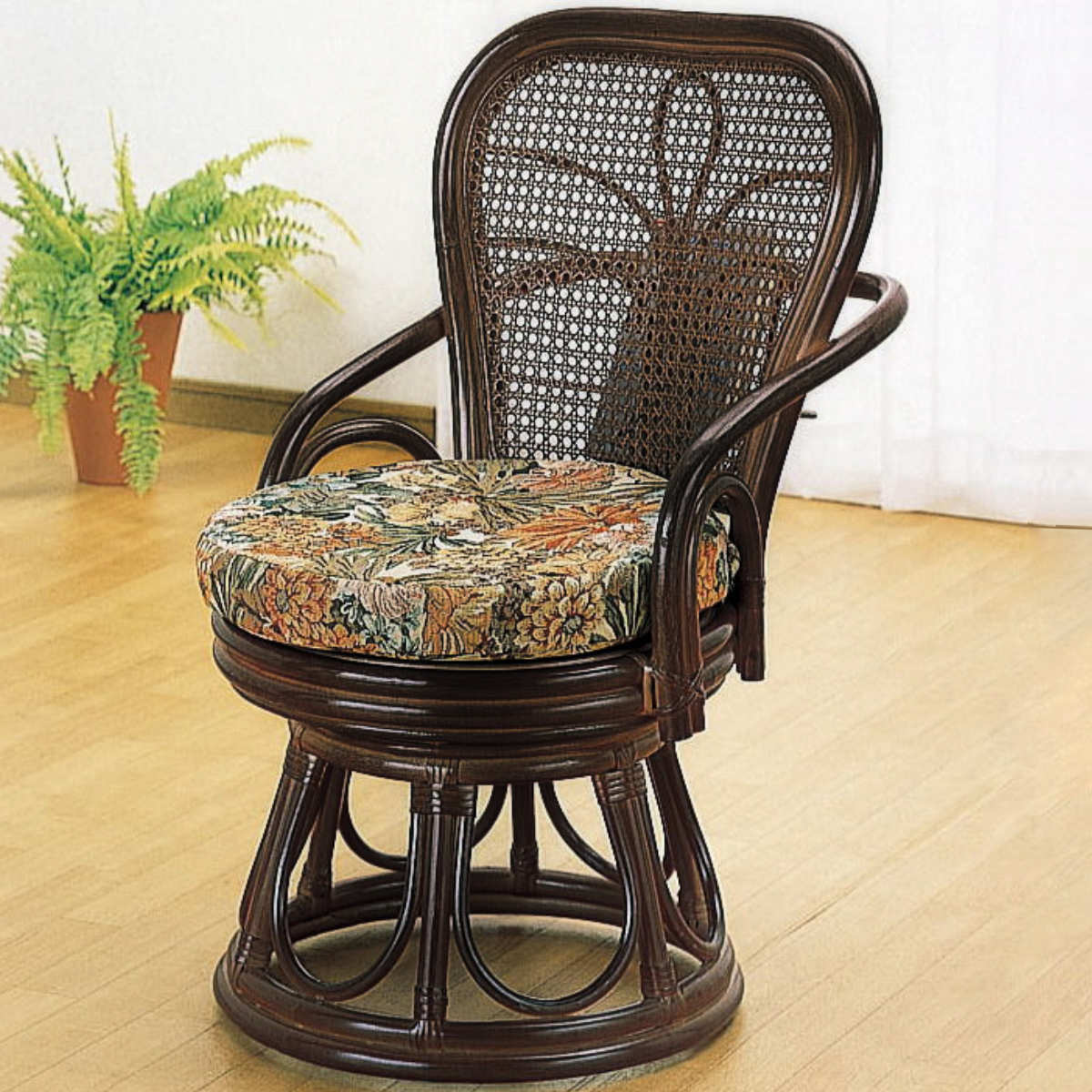 籐 回転スツール ハイバック 背面マガジンラック付 座面高37cm （ 回転式 背もたれ付き 肘付き ...