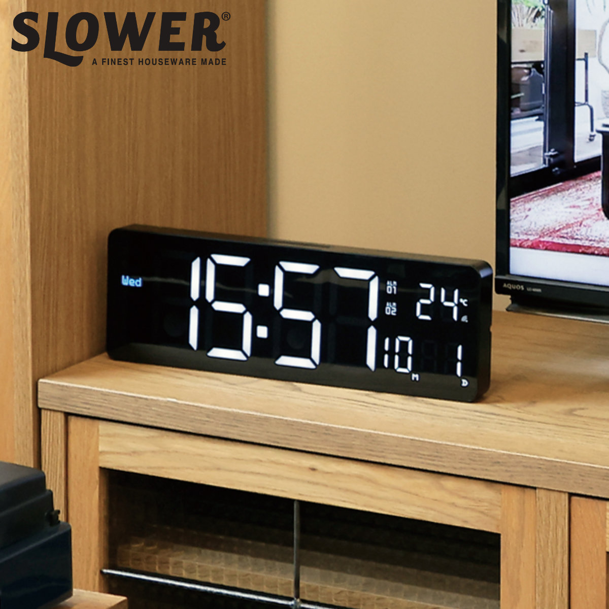 SLOWER（スロウワー） 置き時計 LED Wi-Fi カレンダー機能付き 置き