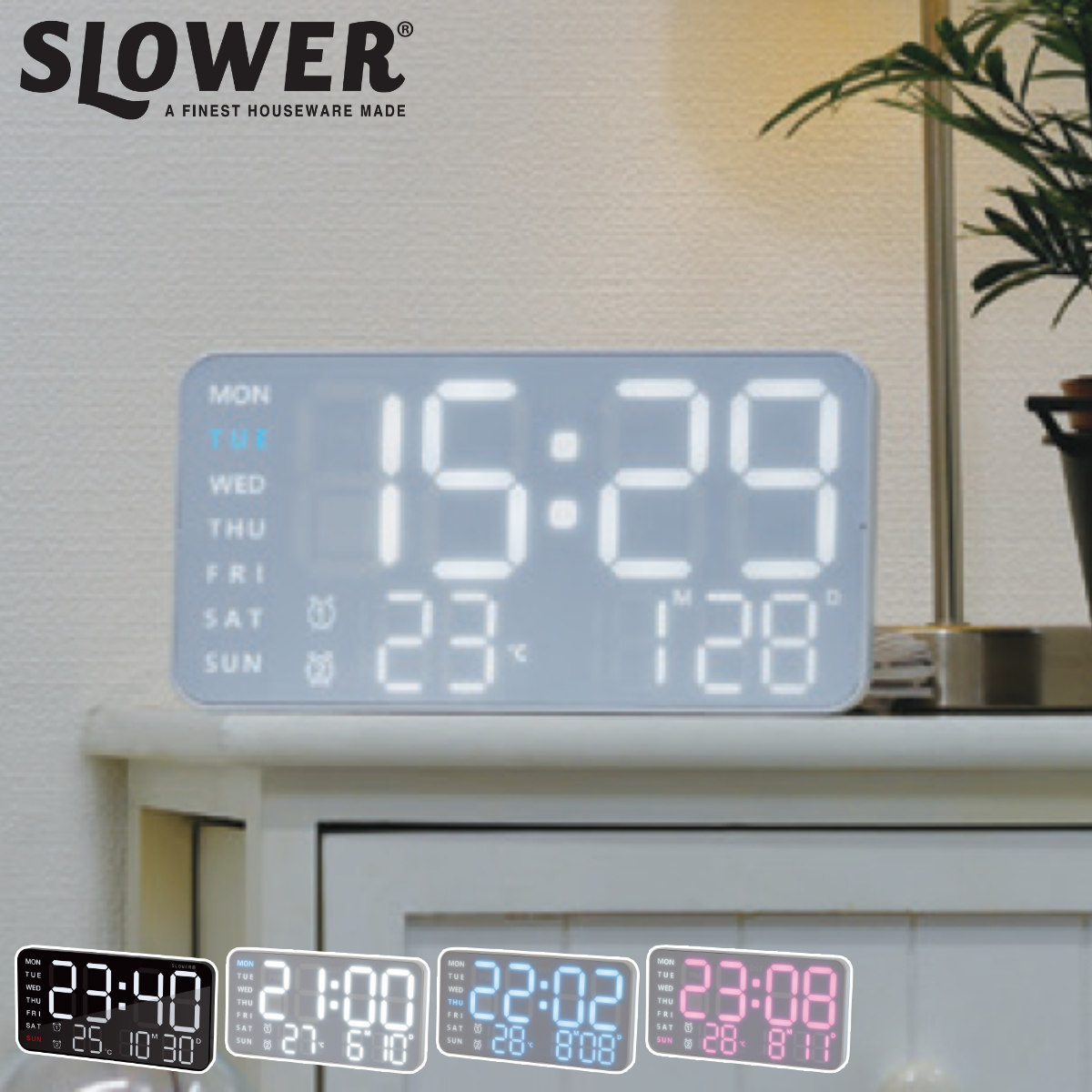 SLOWER（スロウワー） 置き時計 LED デジタル時計 温度計付き 置き掛け