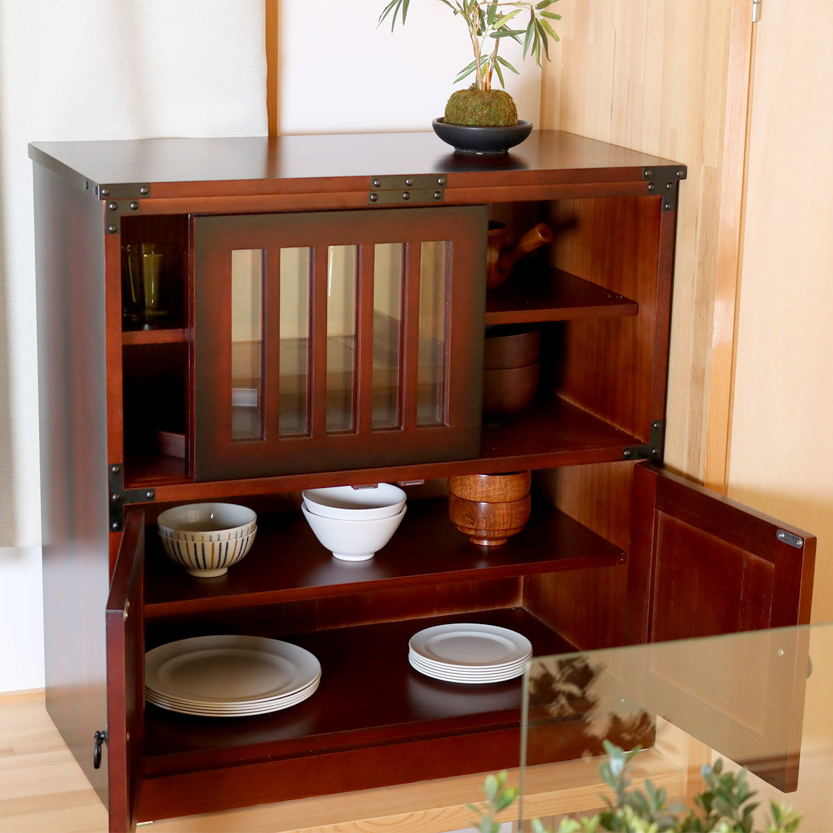 クロシオ 水屋 民芸調 桐製 和風キャビネット 幅57cm （ 水屋箪笥 和風
