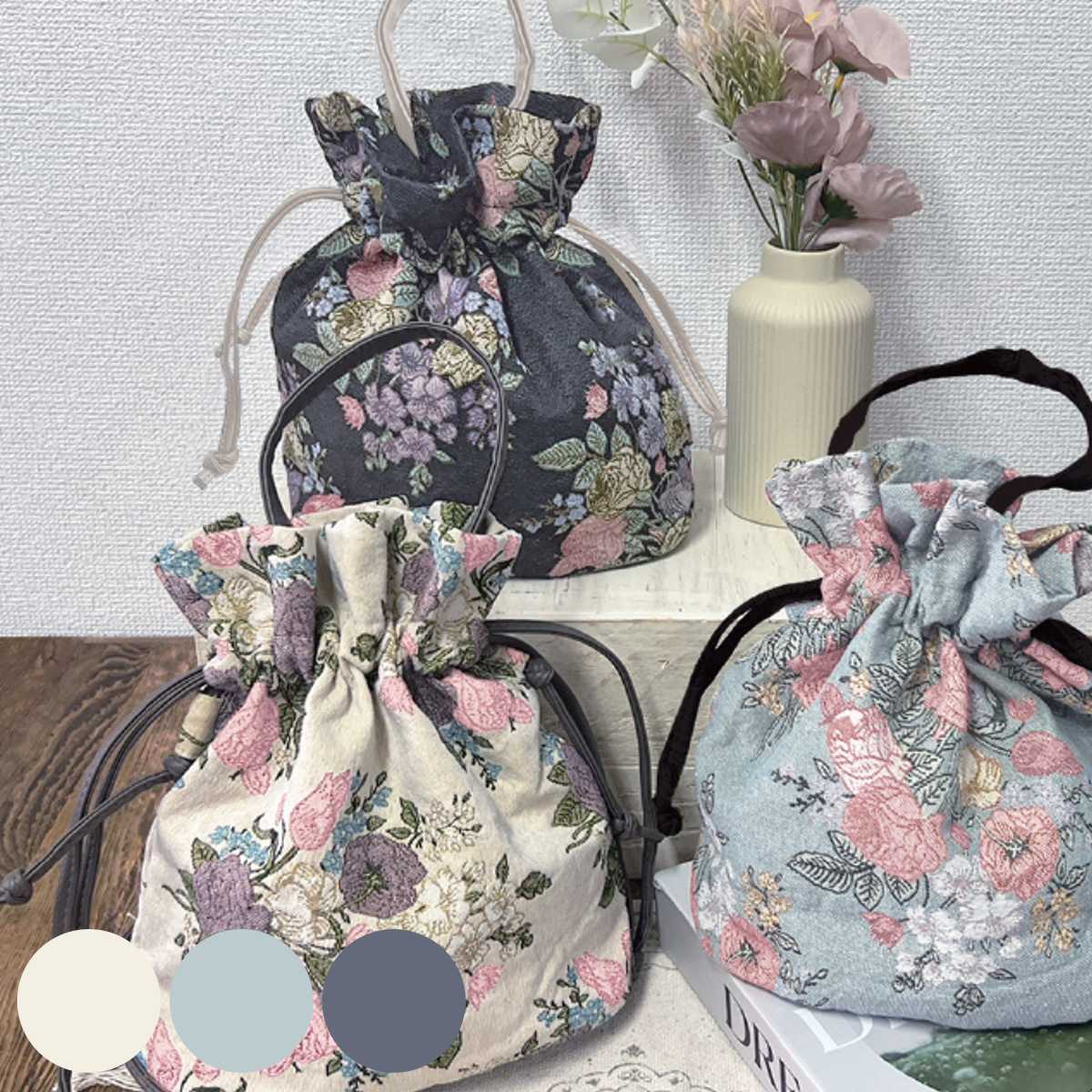 nicott（ニコット） 巾着 ポシェット 3Way ジャガード織り 花柄 収納袋