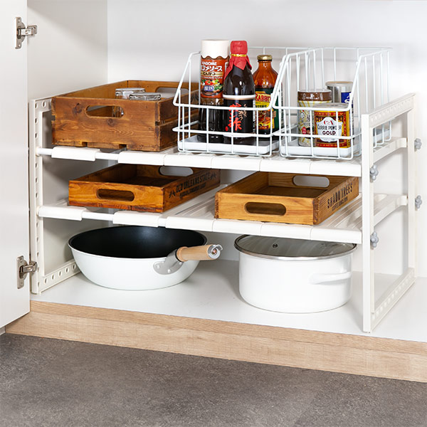 シンク下 収納 伸縮式 2段 ワイド 排水管をよけて設置できる 収納