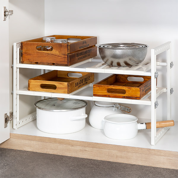 キッチン収納　下部分 シンク下 収納 伸縮式 2段 排水管をよけて設置できる 収納ラック 奥行