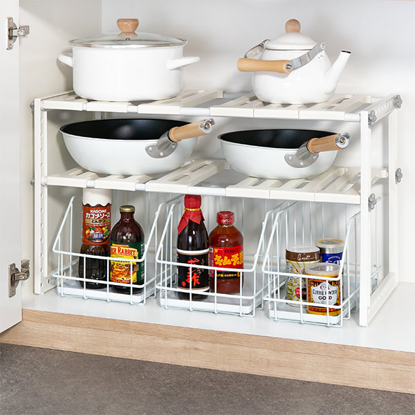 シンク下 収納 伸縮式 2段 排水管をよけて設置できる 収納ラック 奥行