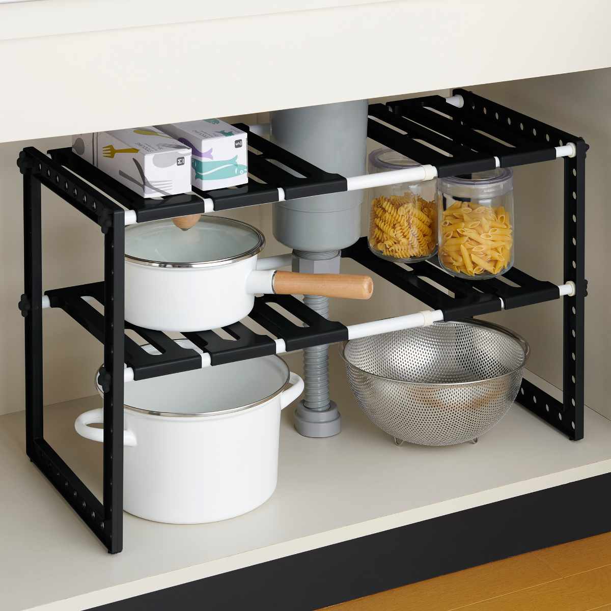 シンク下 収納 伸縮式 2段 排水管をよけて設置できる 収納ラック 奥行