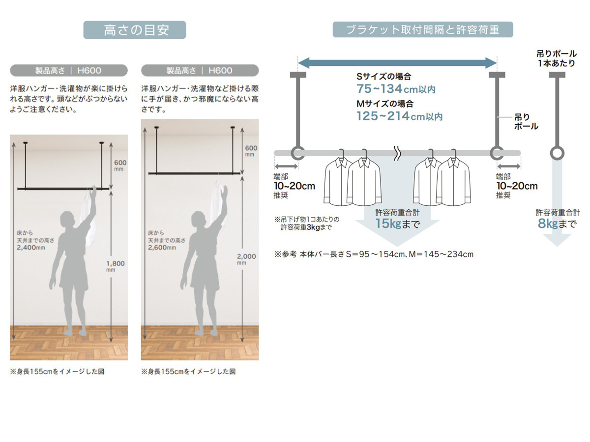 室内物干し ランドリーバー TOSO LB1セット Mサイズ 高さ60cm （ 室内物干しセット 物干し竿 吊り下げ物干し 吊り下げ 物干し ポール 竿 室内干し ）の画像