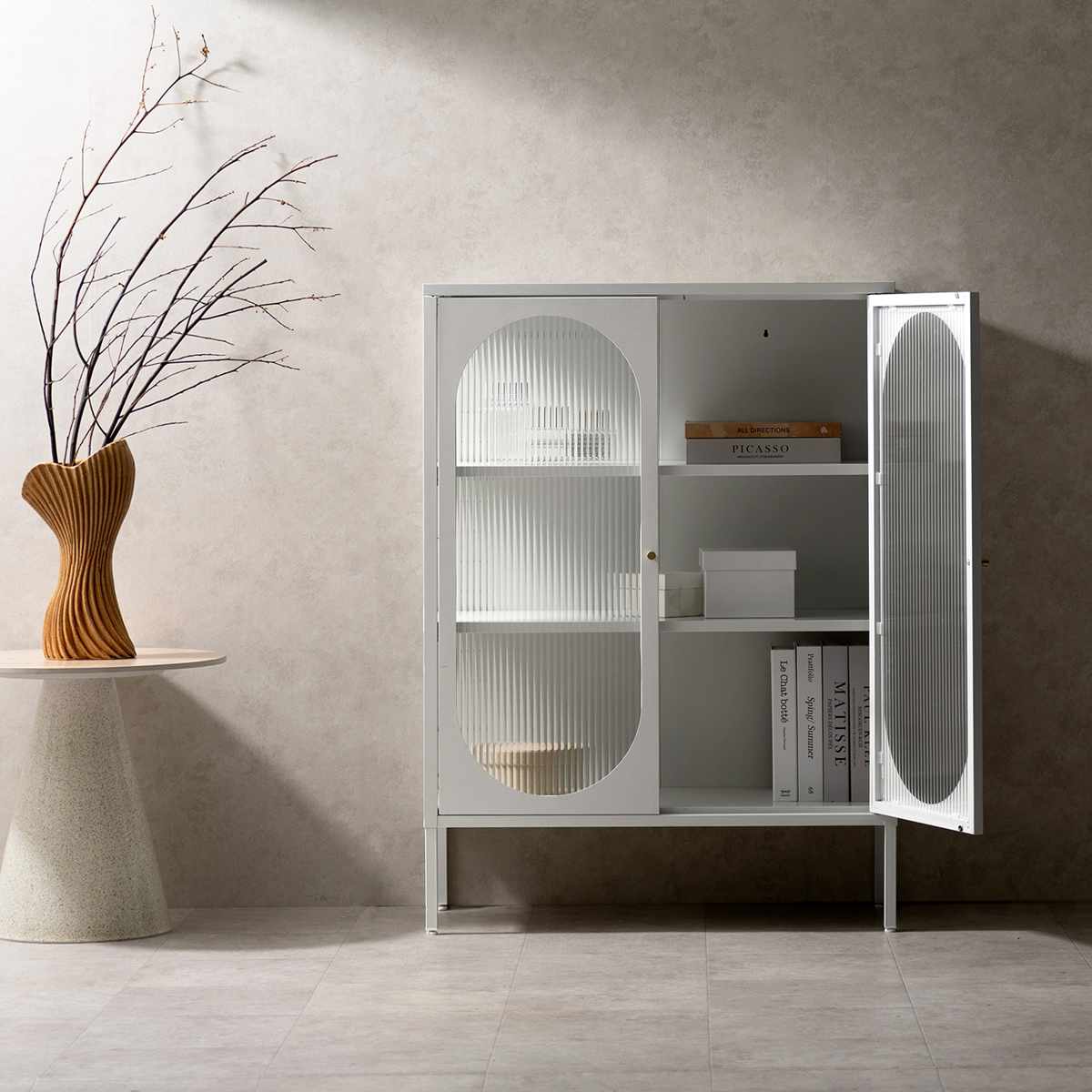 スチール・ガラス製ガラスキャビネット 宮武製作所 ガラスキャビネット 幅80cm Muun 可動棚 スチール 波