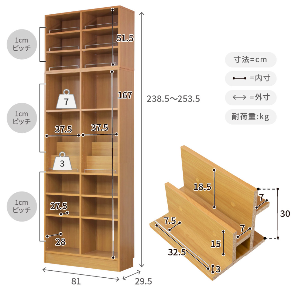 JK-PLAN（ジェイケイ・プラン） 本棚 幅81cm 上置きセット 1cmピッチ