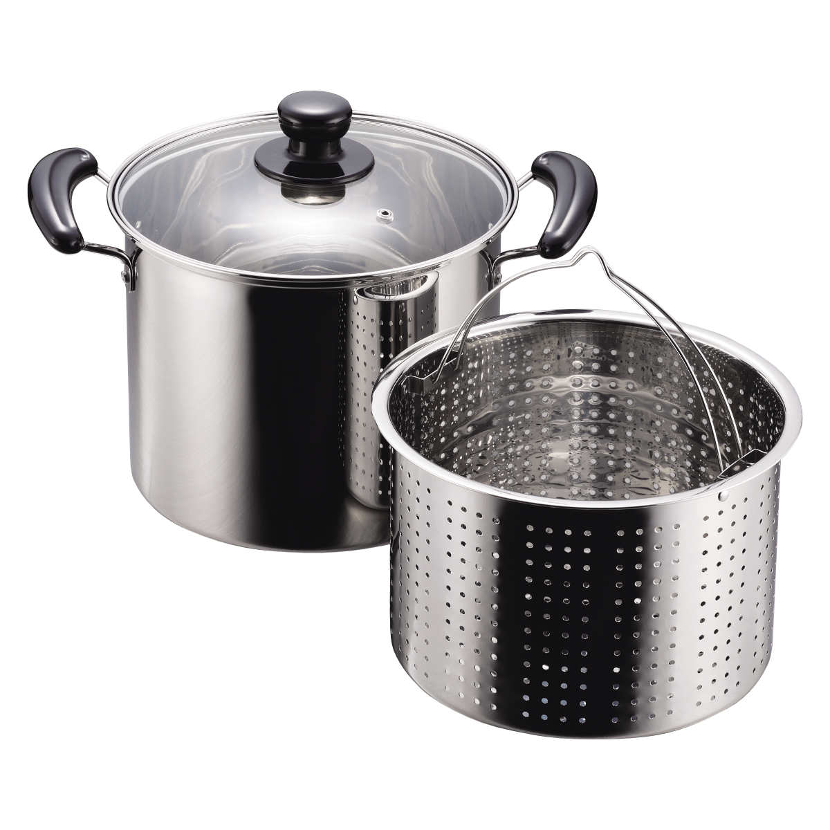 パール金属 パスタ鍋 22cm IH対応 だんらん 目皿付き ガラス蓋付き