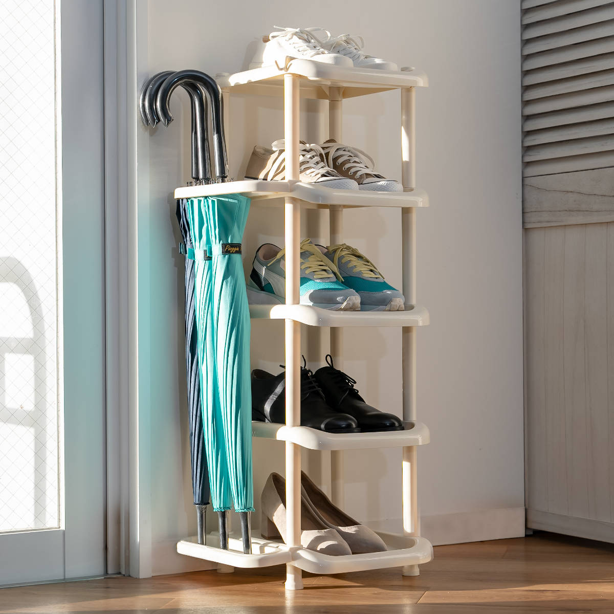 吉川国工業所 シューズラック 5段 シューズストレージ 傘立て付き 組立