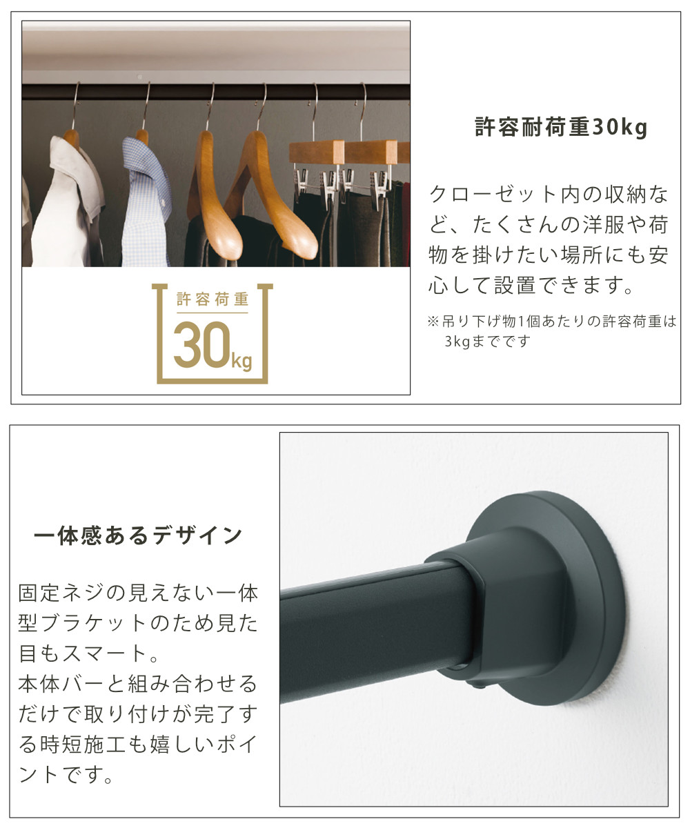 ハンギングバー H-3 壁面付け Iタイプ セット 幅90cm TOSO （ 収納 専用 バー DIY 取付け 衣類収納 衣類 洋服 服 コート掛け ）の画像