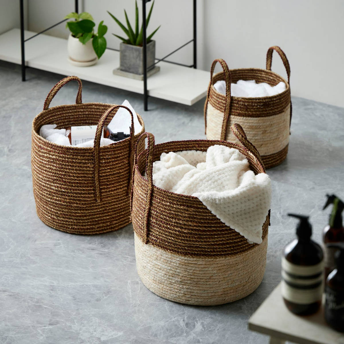 岩附 天然素材 バスケット 持ち手つき ラウンド S M L 3個組