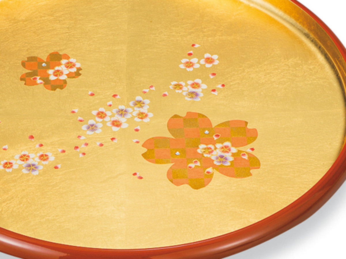 盆 100 丸盆 箔工芸桜ロマン （ 樹脂 プラスチック 日本製 お盆 おぼん