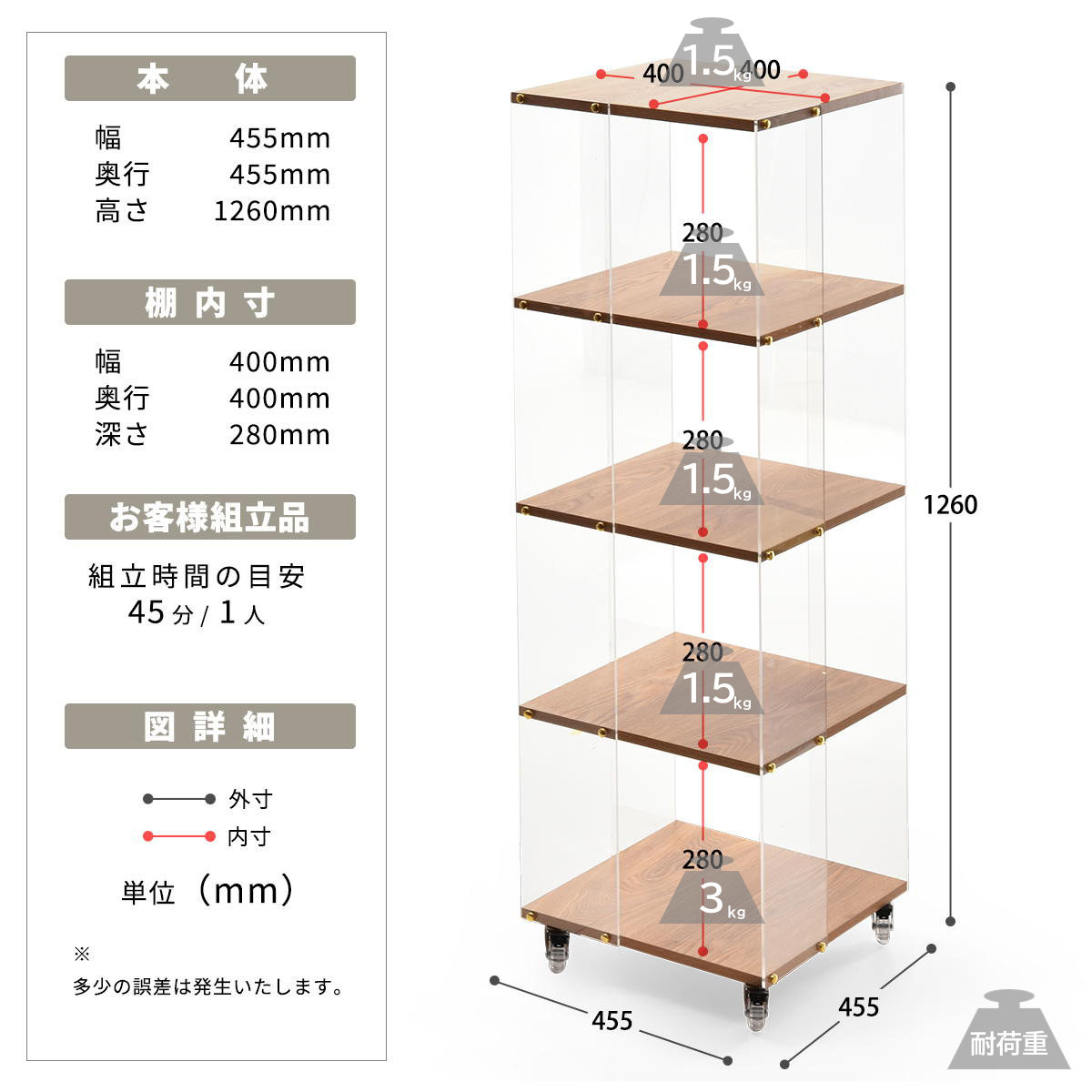 アクリルラック 幅45.5cm 5段 キャスター付き 木目調 ディスプレイ