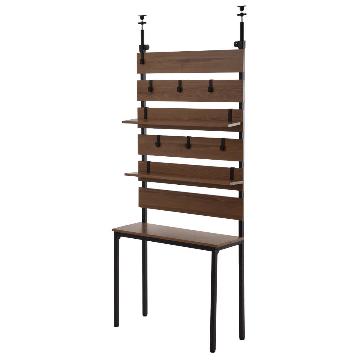 突っ張り 壁面収納 幅80cm 木目調 可動棚 フック付き （ ウォール