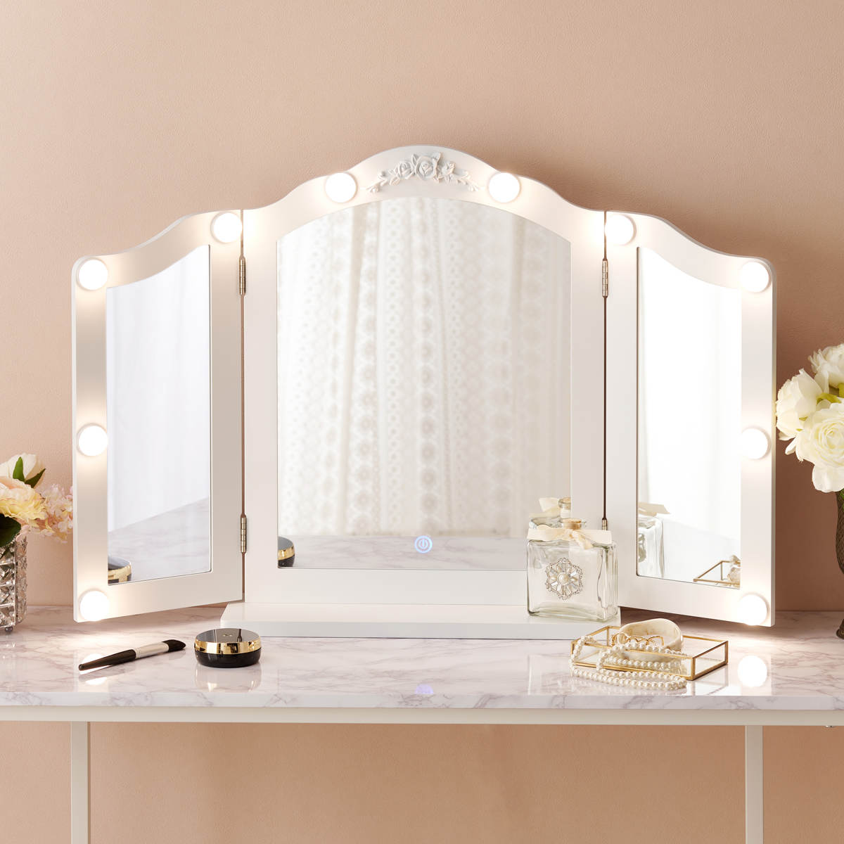 HAGiHARA（萩原） 卓上ミラー ライト付き 三面鏡 おしゃれ 大きめ