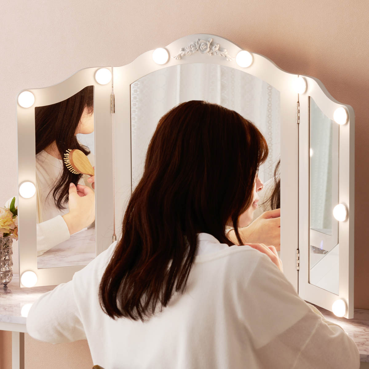 HAGiHARA（萩原） 卓上ミラー ライト付き 三面鏡 おしゃれ 大きめ