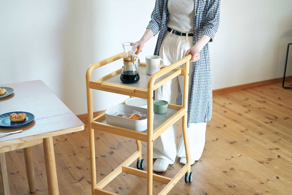 弘益 キッチンワゴン 幅40cm 暮らし支えるワゴン 天然木 木目調 トレー