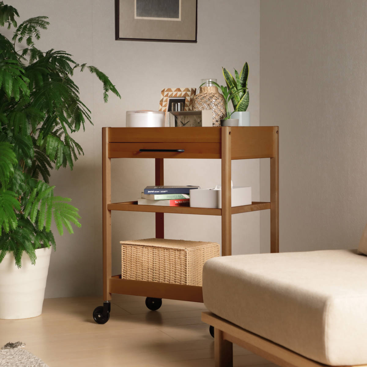 弘益 キッチンワゴン 幅60cm TORE 引き出し付き 天然木 可動棚