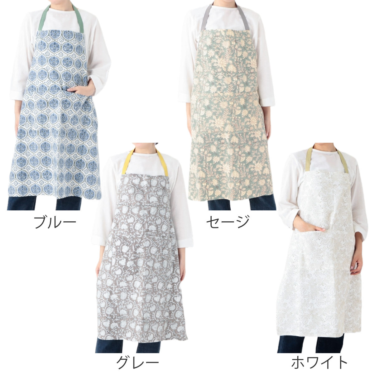エプロン ブロックプリント 総柄 綿100% ...の詳細画像1