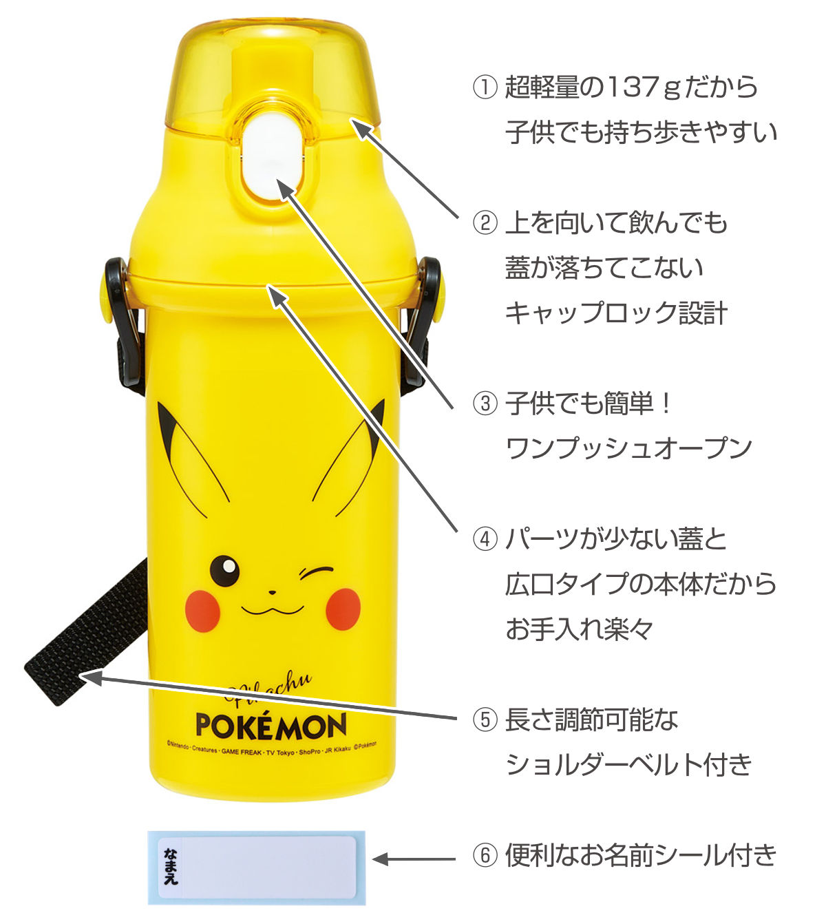 スケーター 水筒 480ml 直飲プラワンタッチボトル ピカチュウフェイス