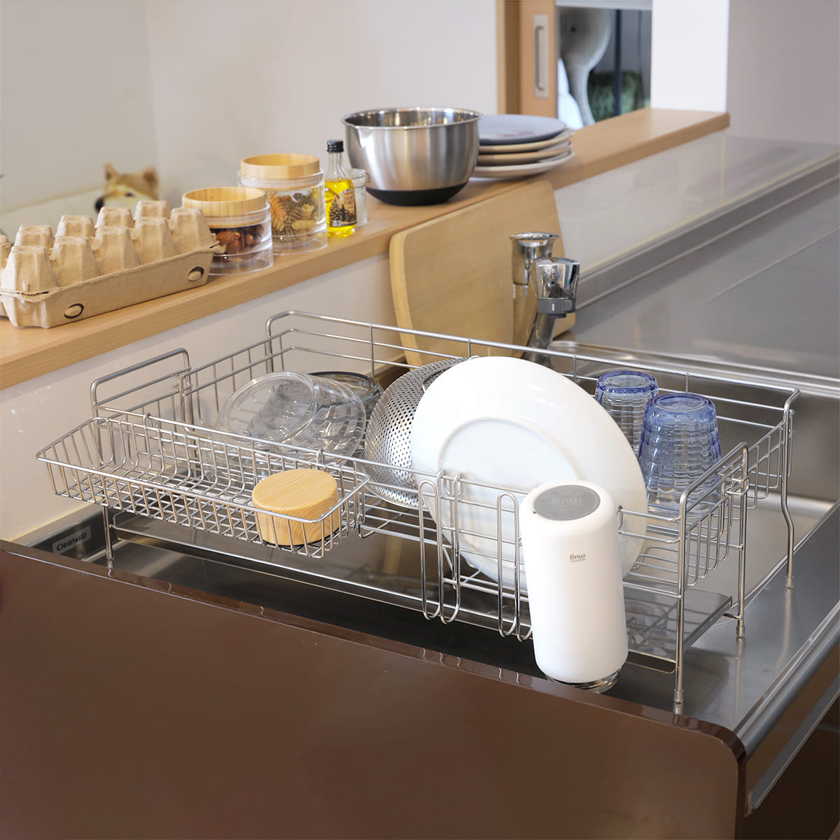 調整可能／水切りラック／充実の付属品で効率的な収納 特典付き 水切りラック 伸縮 ONFLON 大容量 スリム ステンレス