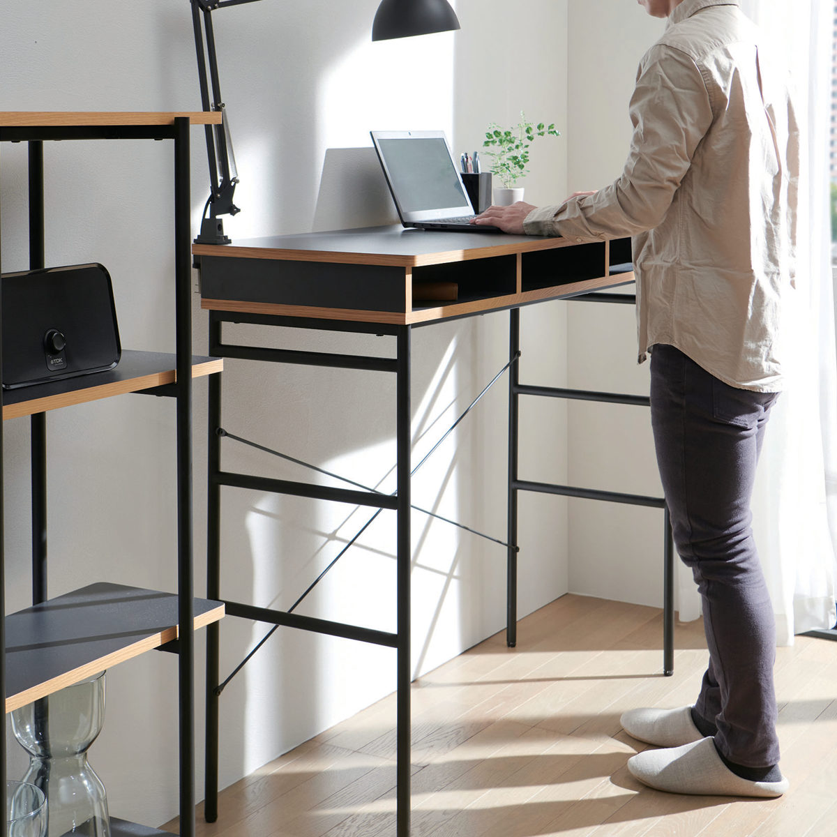 弘益 ハイテーブル 高さ100cm 作業台 カウンターテーブル 天然木 収納
