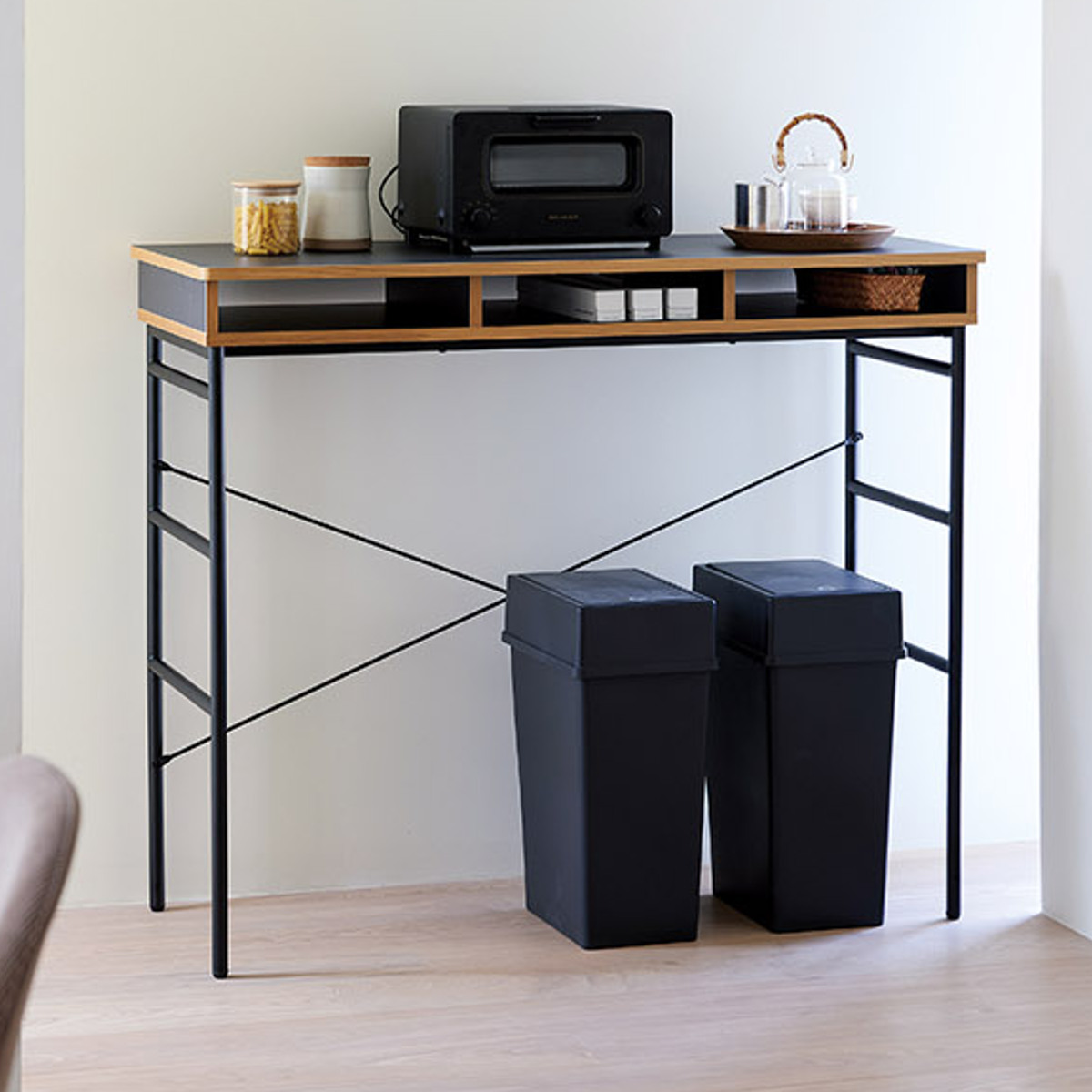 弘益 ハイテーブル 高さ100cm 作業台 カウンターテーブル 天然木 収納