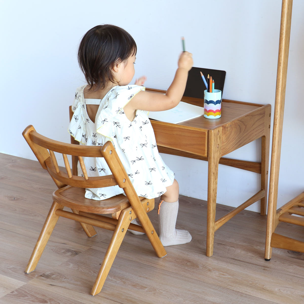学習机 幅60cm タブレットホルダー付き 引き出し付き 高さ調節 木製