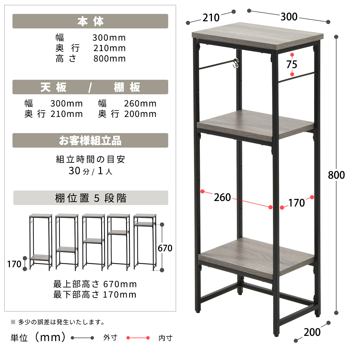 コンソールテーブル 幅30cm 2段 フック付き スリムラック Calm