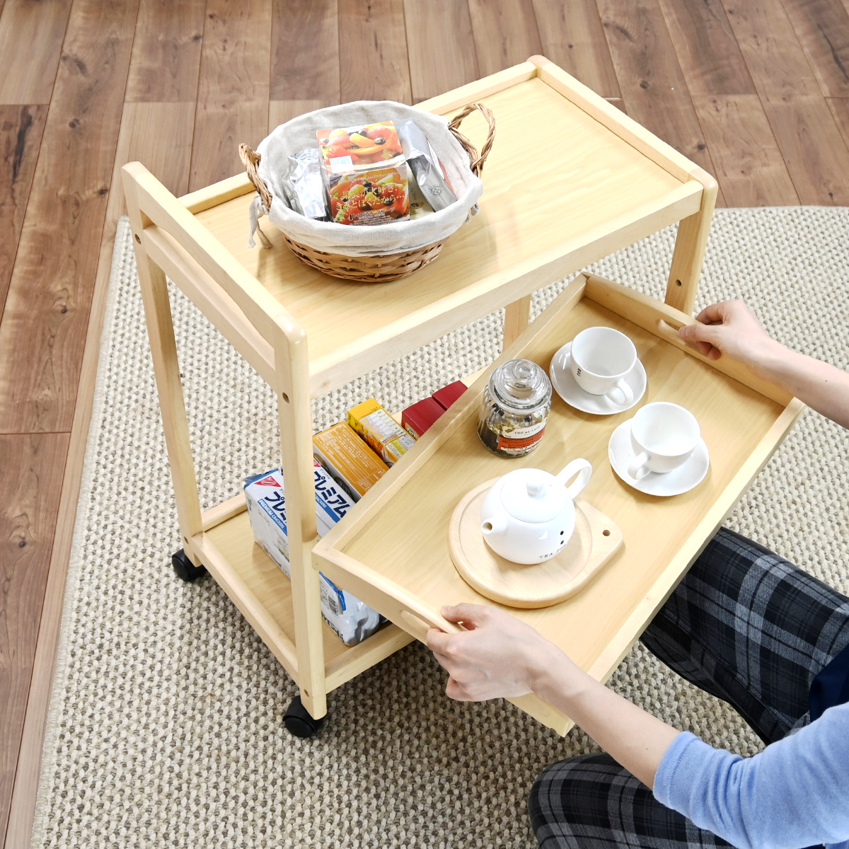 キッチンワゴン&キッチントレイ フクダクラフト キッチンワゴン 幅59cm 天然木 トレー付き キャスター