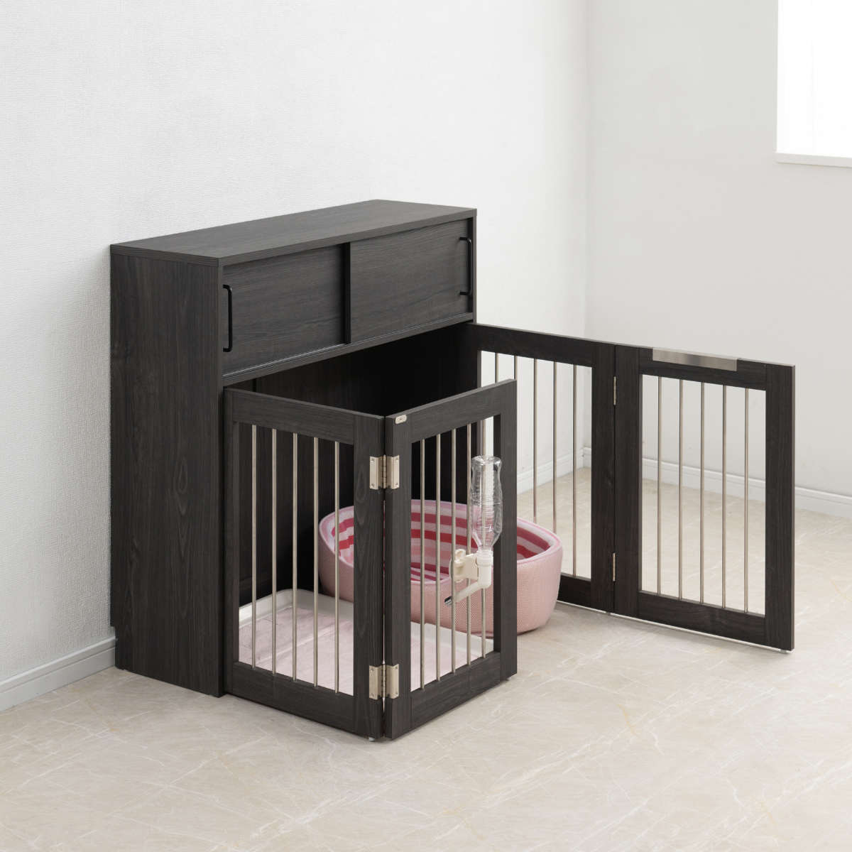 ペットケージ 幅90cm 木目 引き戸 リビングキャビネット 室内用 木目調
