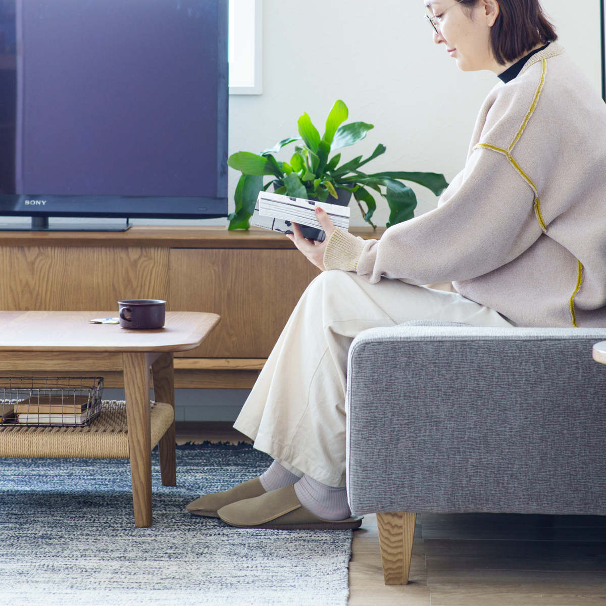 リビングテーブル 幅75cm 棚付き 北欧風 ペーパーコード ネリオ