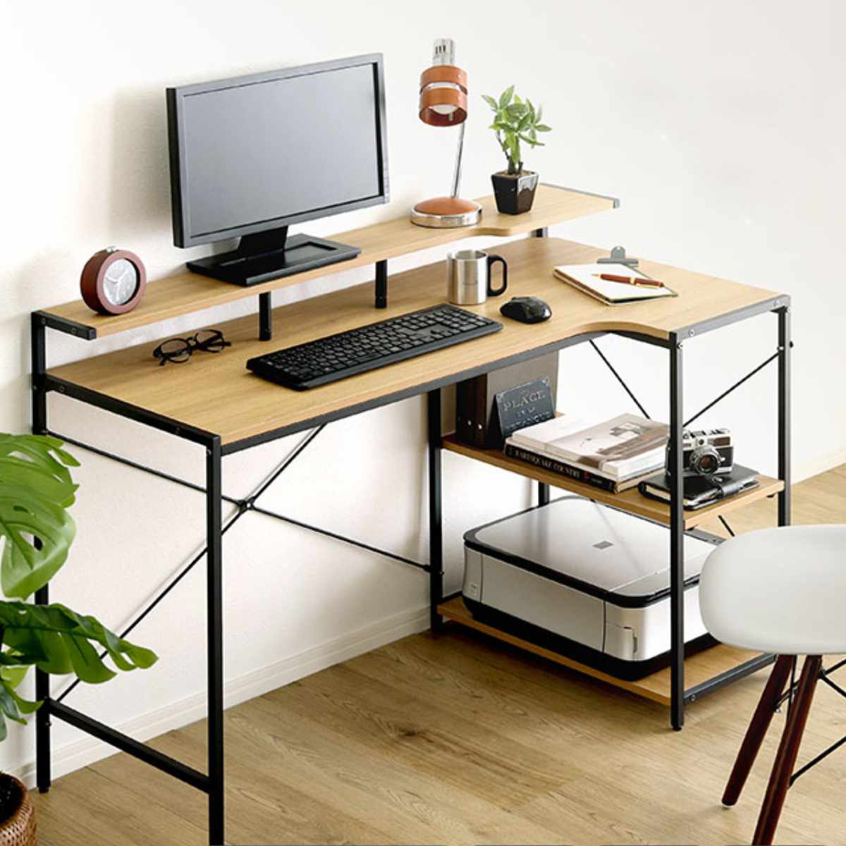 パソコンデスク ラック付き デスク ワークデスク木製 新品未開封 灰 ホームテイスト（HOME taste） デスク 幅115cm L字 ラック付き 木目調