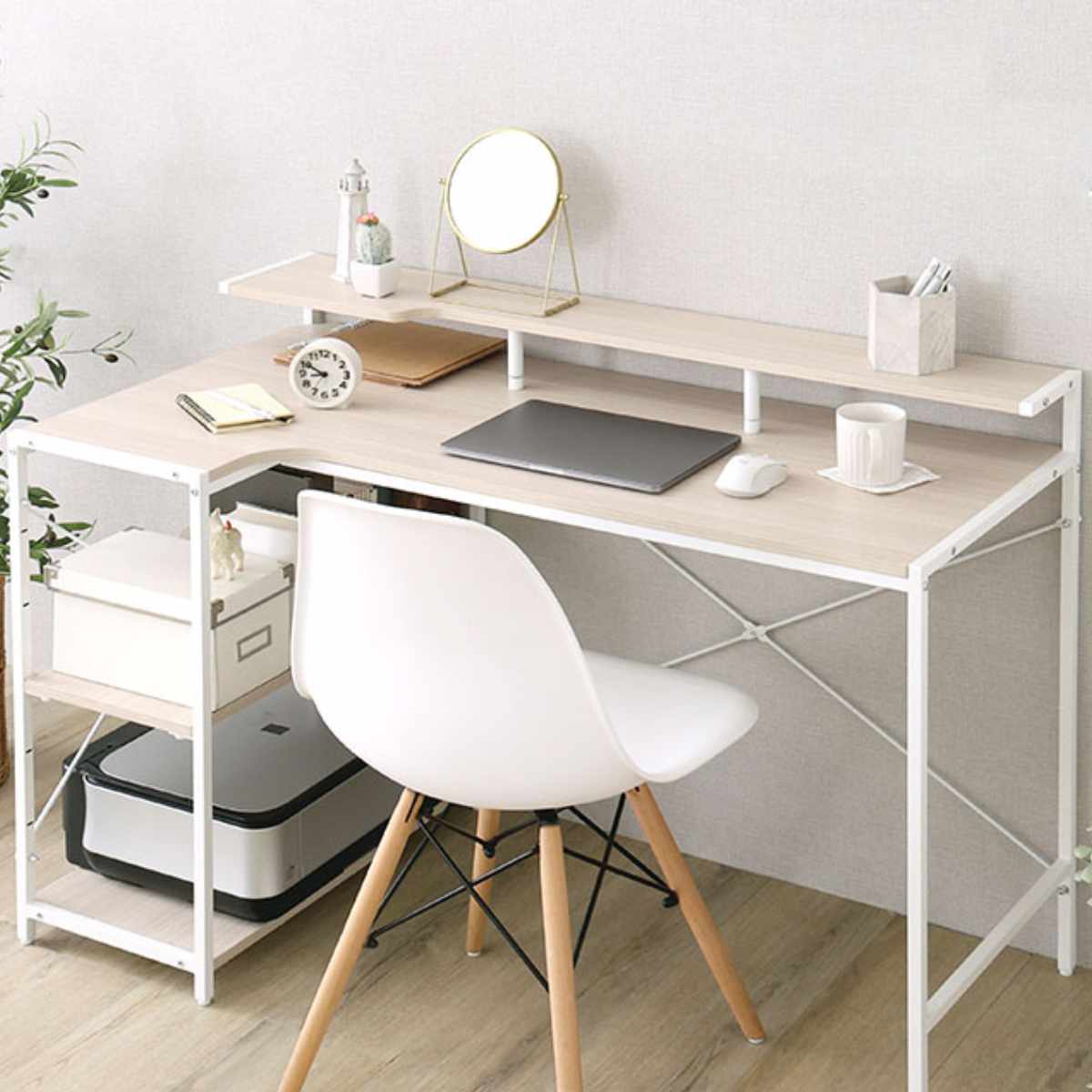 ホームテイスト（HOME taste） デスク 幅115cm L字 ラック付き 木目調