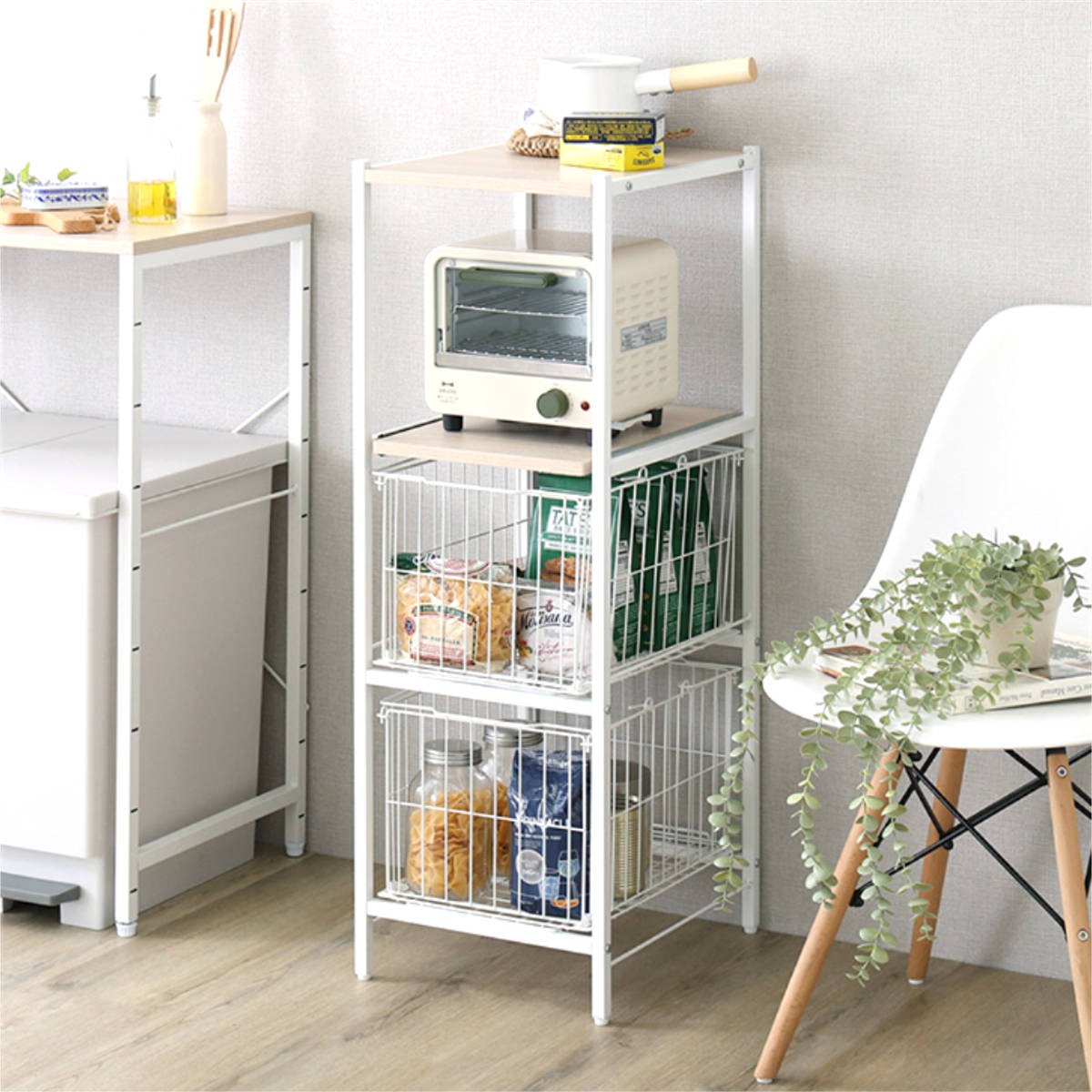ホームテイスト（HOME taste） カゴ付きキッチンラック 幅33cm 木目調 