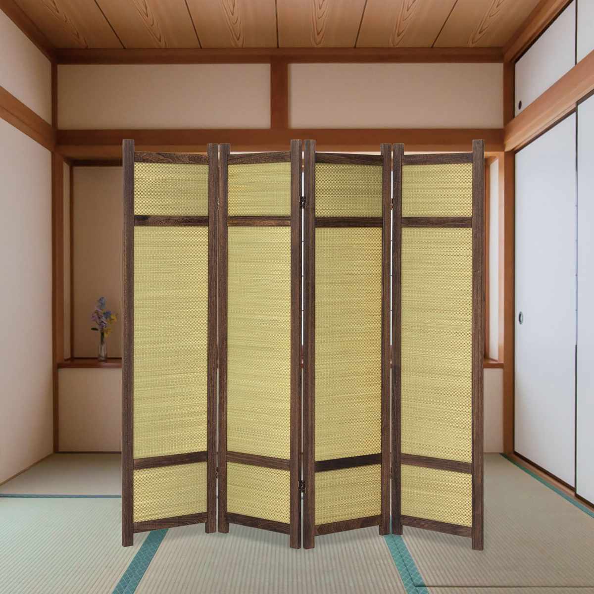 クロシオ 衝立 高さ152.5cm 4連 焼桐 い草 360度調節 完成品
