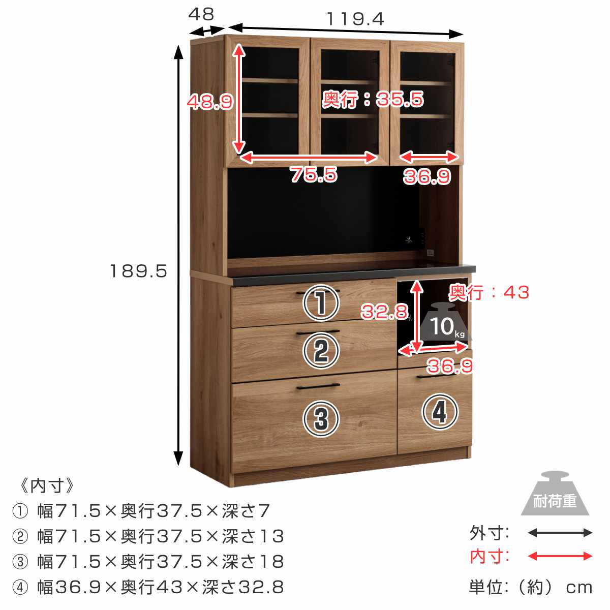 食器棚 幅119.4cm キッチンボード コンセント付き 家電収納 日本製