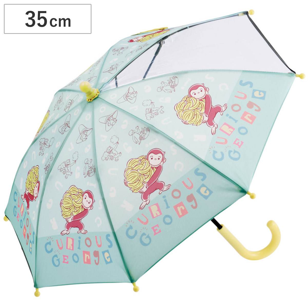傘 子供傘 35cm おさるのジョージ アルファベット ( かさ 透明窓付き 軽量 丈夫 折れにくい 手開き 安全カバー 子供用 幼児 雨傘 雨具 カサ 2歳 3歳 )