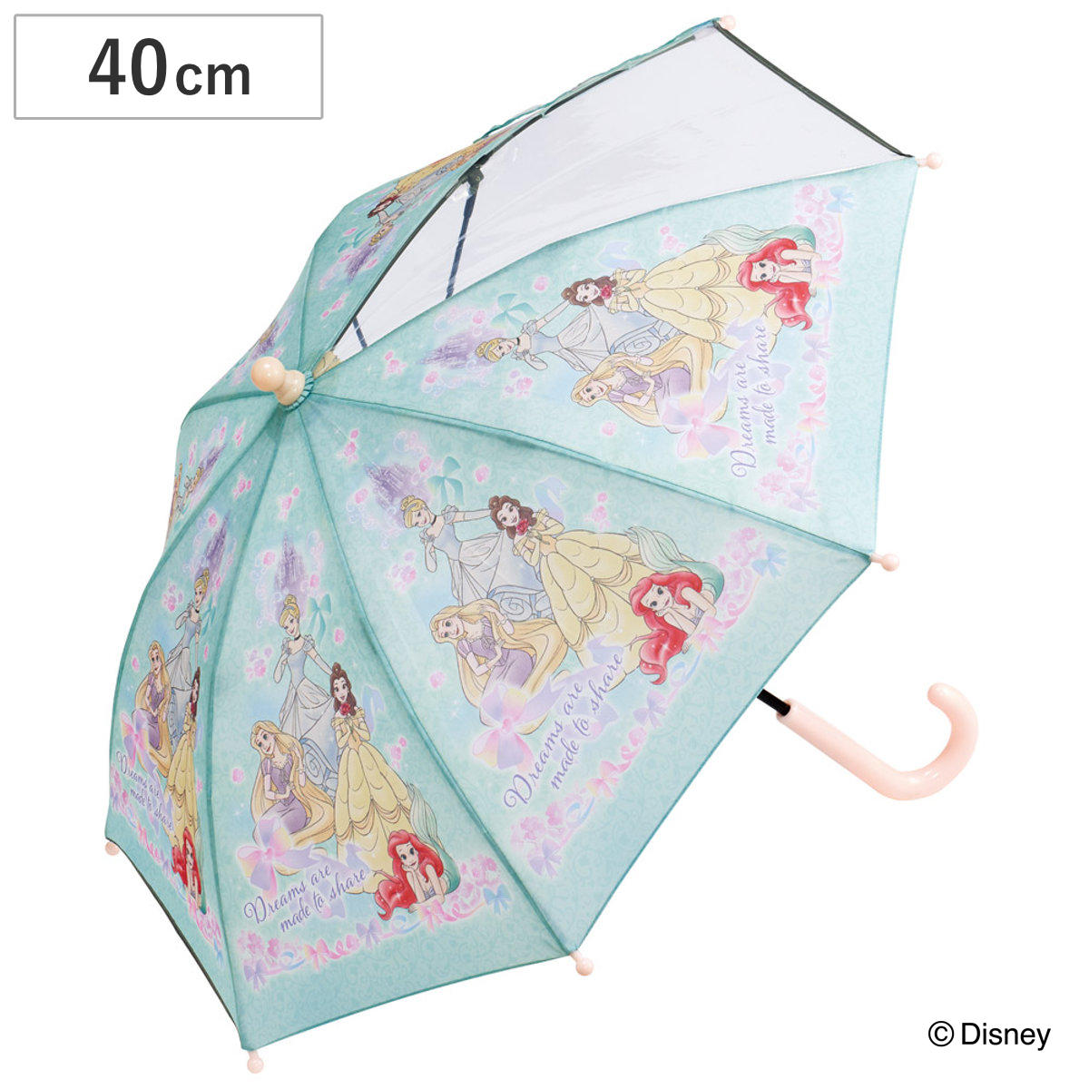 傘 子ども傘 40cm ディズニー プリンセス （ かさ 透明窓付き 軽量 丈夫 折れにくい 手開き 安全カバー 子供用 幼児 雨傘 雨具 カサ 3歳 4歳 5歳 ）