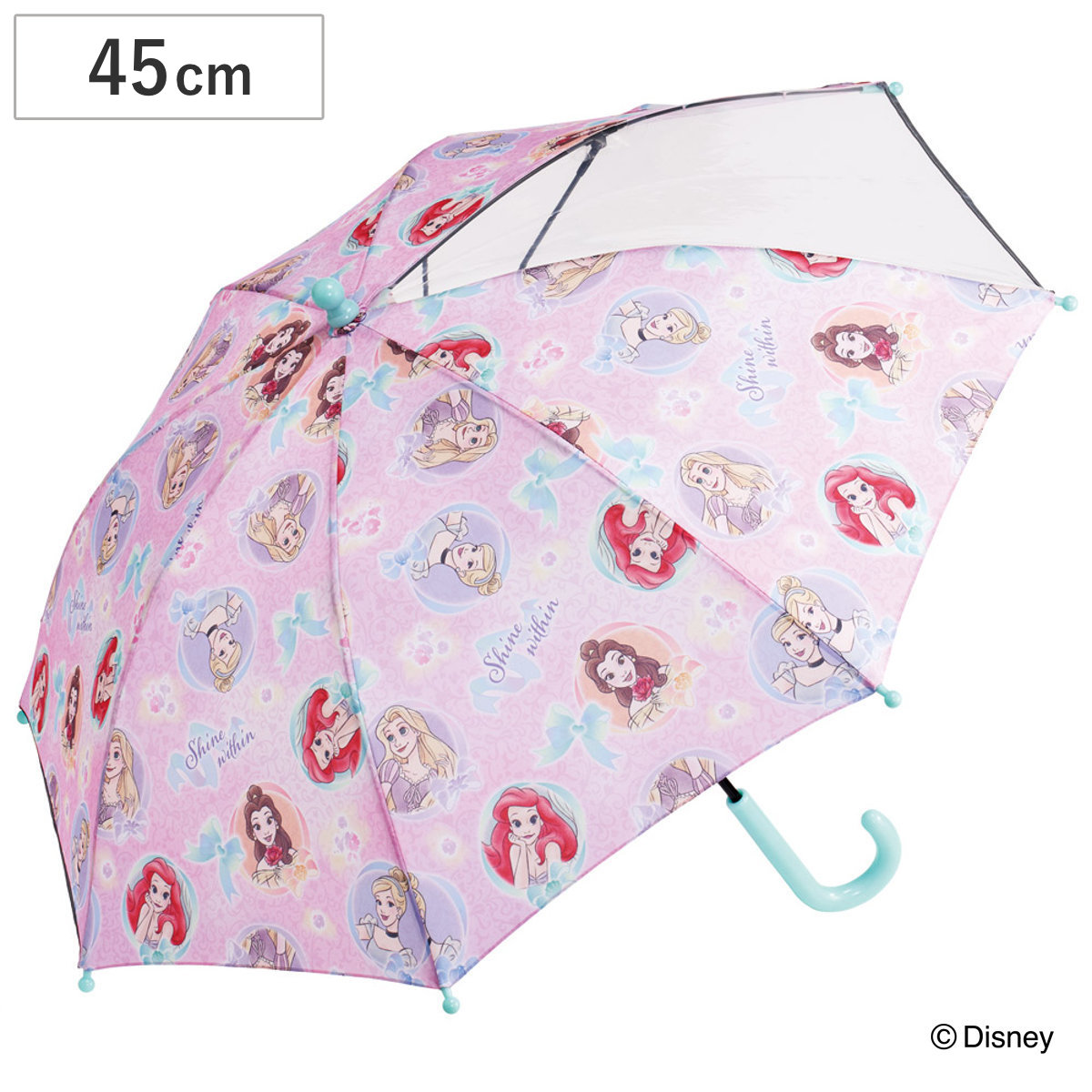 傘 子ども傘 45cm ディズニー プリンセス （ かさ 透明窓付き 軽量 丈夫 折れにくい 手開き 安全カバー 子供用 雨傘 雨具 カサ 5〜8歳 ）