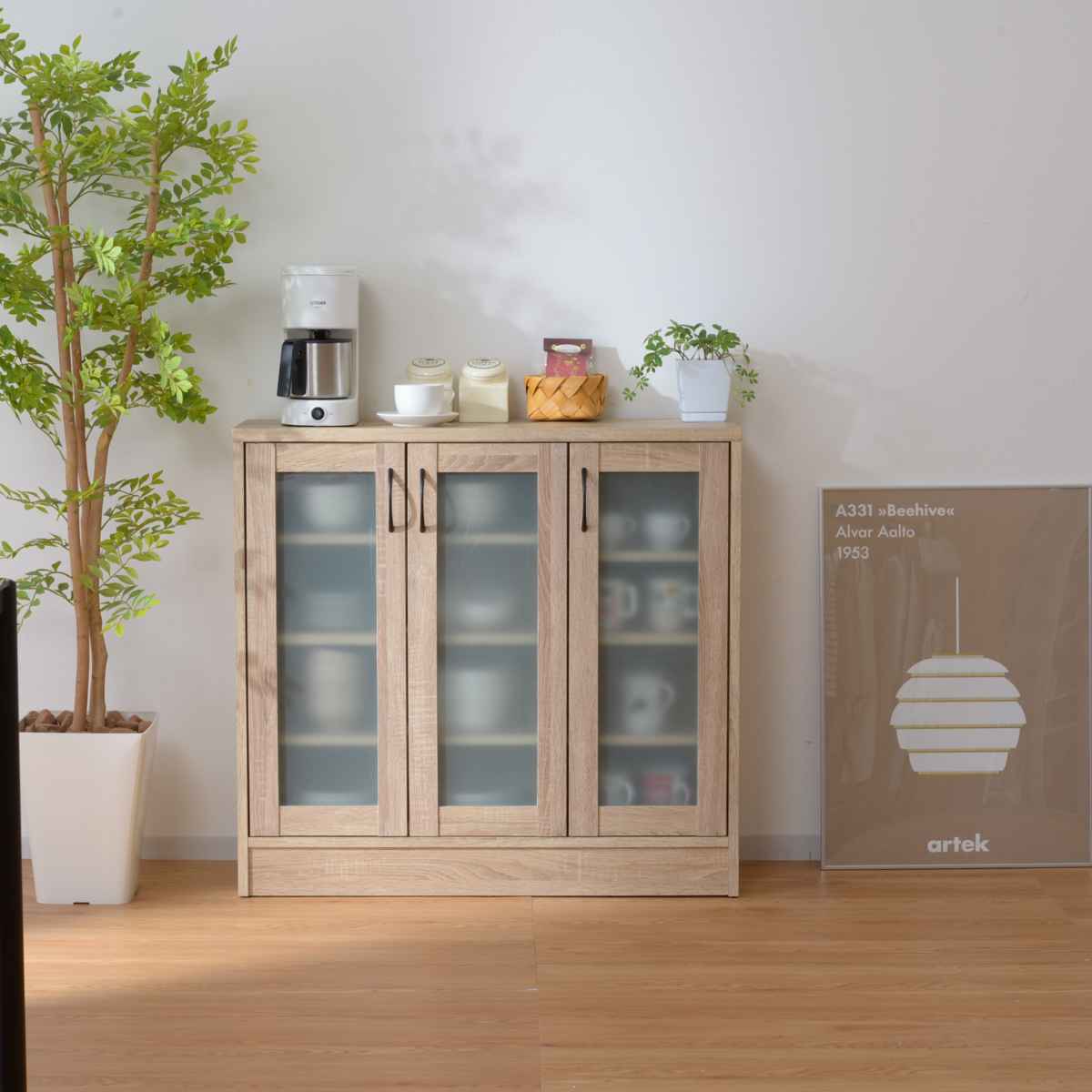 ワイエムワールド 食器棚 幅88cm ロータイプ 木目調 （ カップボード