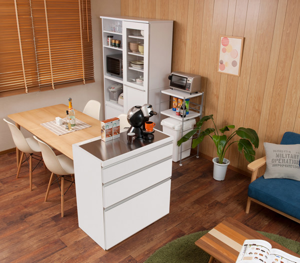 ステンレストップ昇光家具キッチンカウンター、コンセント・キャスター付 Used 昇光家具のステンレストップキッチンカウンターコンセントキャスター