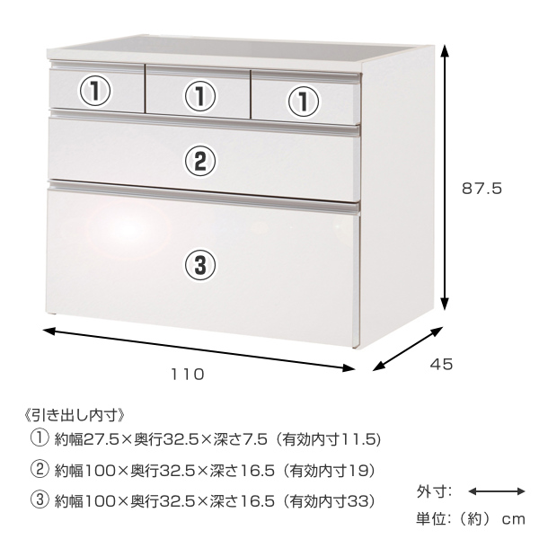 キッチンカウンター 幅110cm 上段引出し3杯 艶ありタイプ ハイグロス