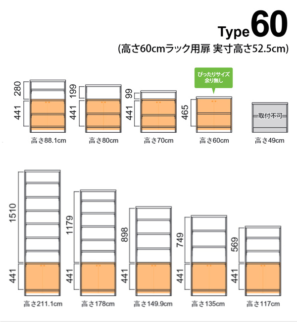 オーダー本棚用扉 高さ60cm 幅25-44cm type60 （ オーダーメイド セミ