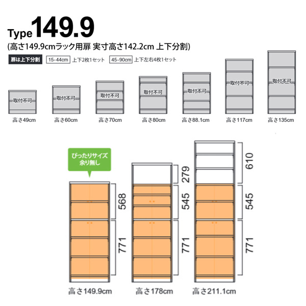 オーダー本棚用扉 高さ150cm 幅45-59cm type149.9 （ オーダーメイド