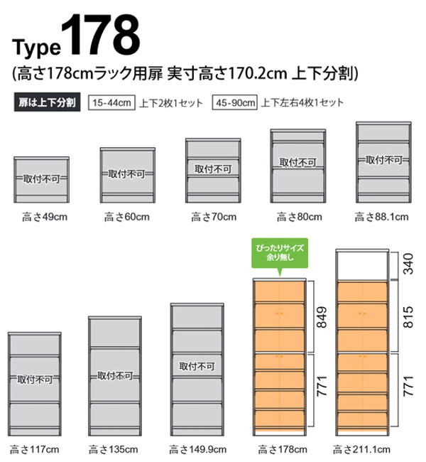 オーダー本棚用扉 高さ178cm 幅45-59cm type178 （ オーダーメイド