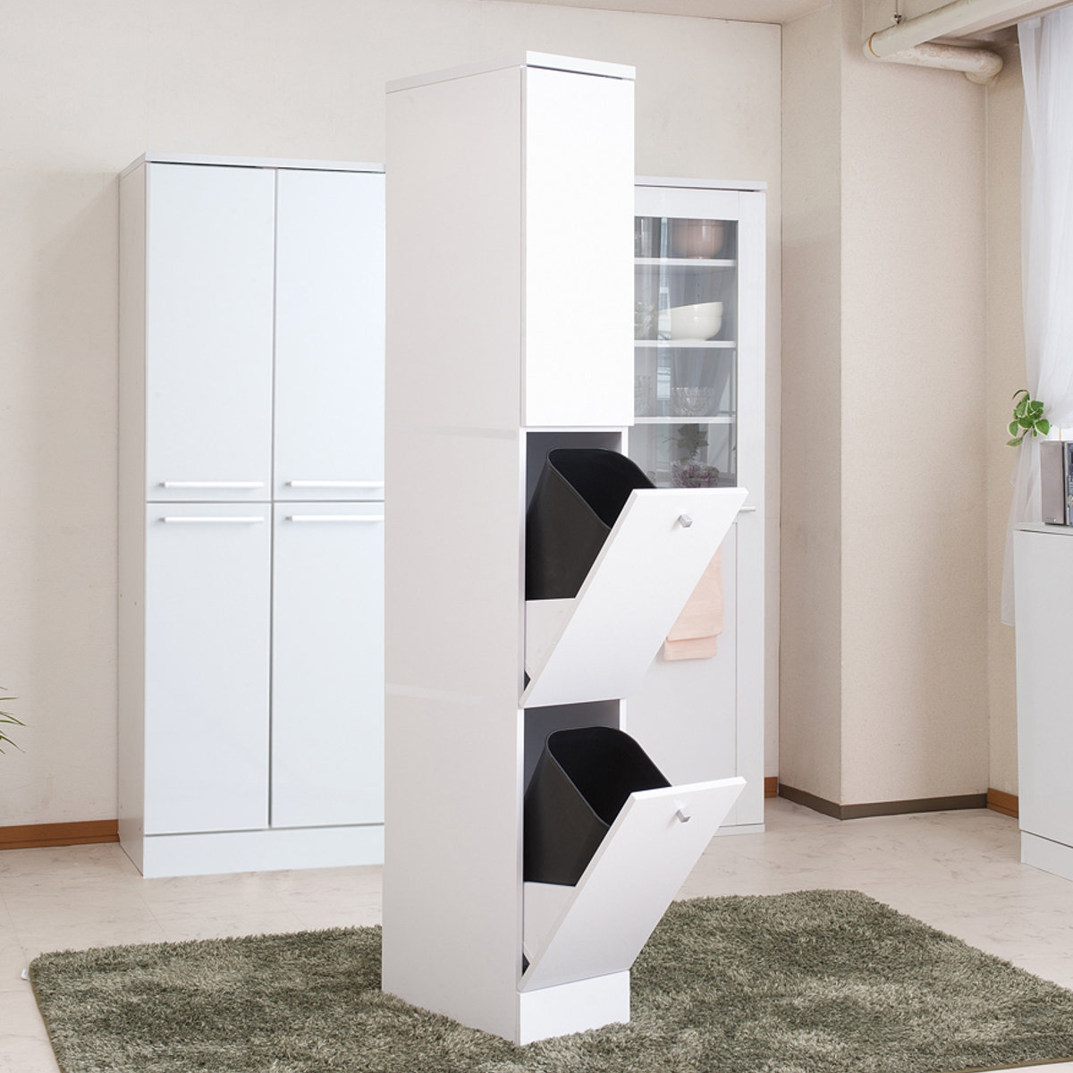 【期間限定 12/19まで】ダストボックス収納 横幅32cm／ホワイト キッチン収納 幅25cm スリム 北欧風 2分別ダストボックス付 Face