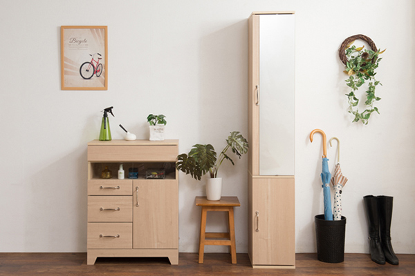 シューズラック 木製 ミラー付 ナチュラルテイスト 幅27cm （ 鏡