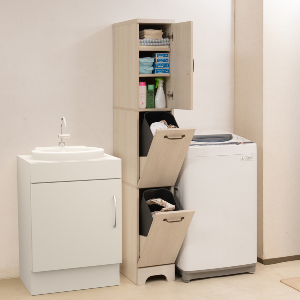ランドリーチェスト 幅25cm スリム 分別収納 フラップ扉2段 収納